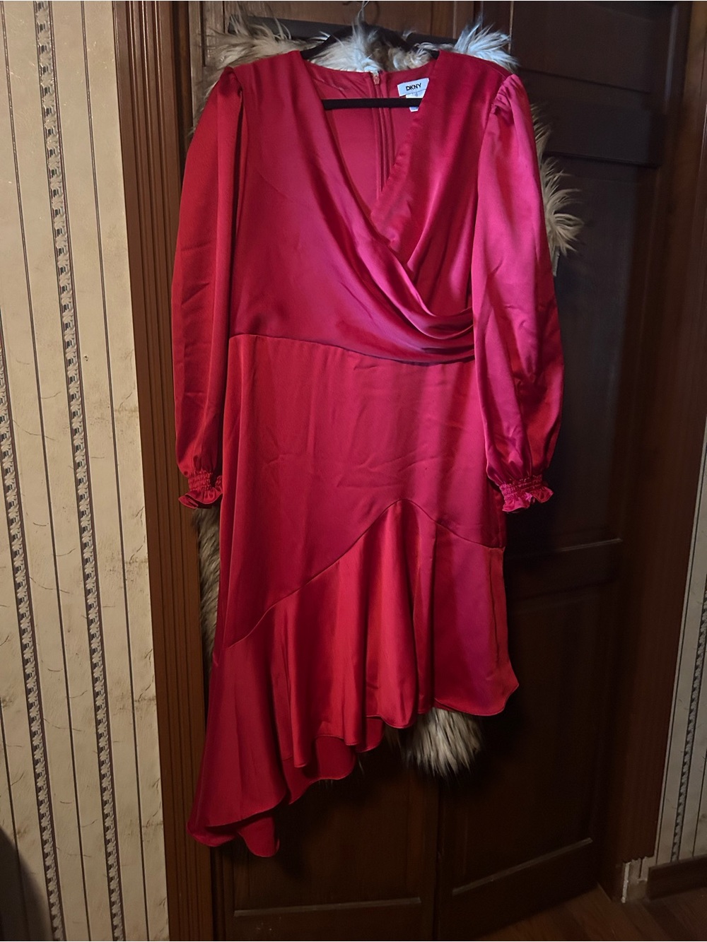 DKNY Red Satin Wrap-Front High-Low Dress